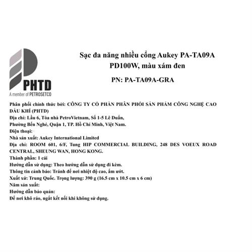 Adapter sạc du lịch đa cổng PD 100W Aukey PA-TA09A Màu Xám