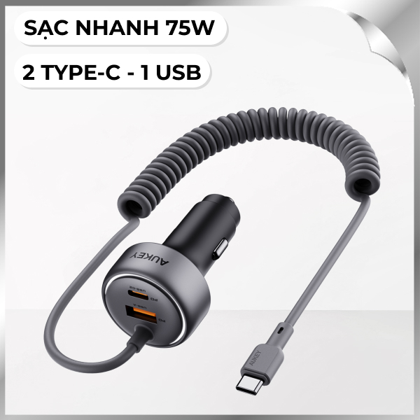 Sạc xe hơi nhanh 3 cổng USB Type-C Aukey CC-P2 1A2C