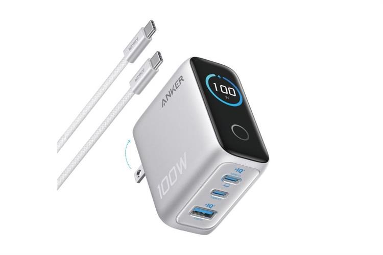 Bộ sạc nhanh 3 cổng USB Type C IQ4 GaN 100W Anker B121B kèm Cáp Type C - Type C Màu Bạc