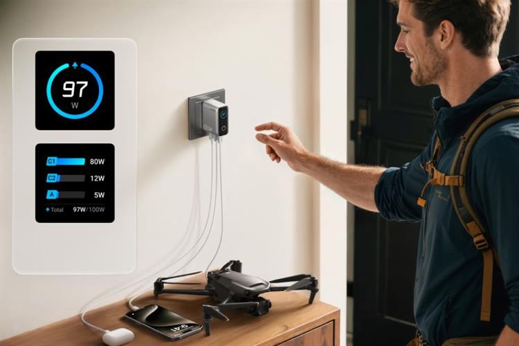 Bộ sạc nhanh 3 cổng USB Type C IQ4 GaN 100W Anker B121B kèm Cáp Type C - Type C Màu Bạc