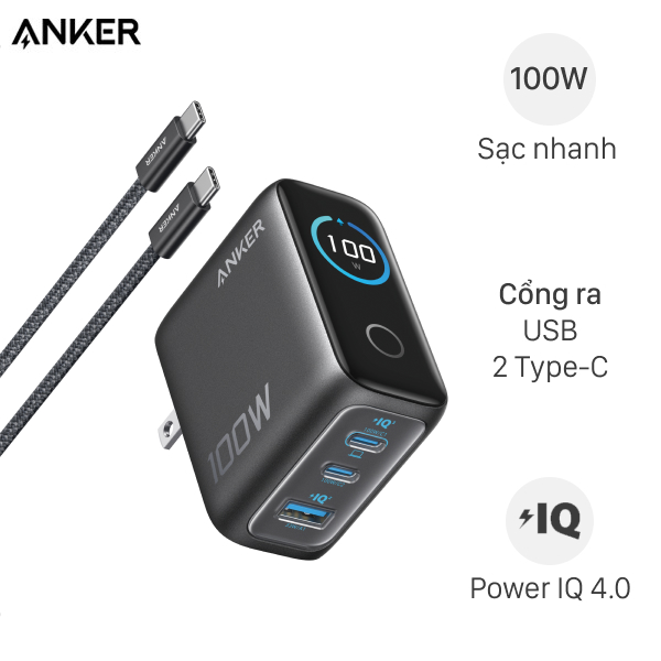 Bộ sạc nhanh 3 cổng Anker B121B kèm Cáp Type C - Type C