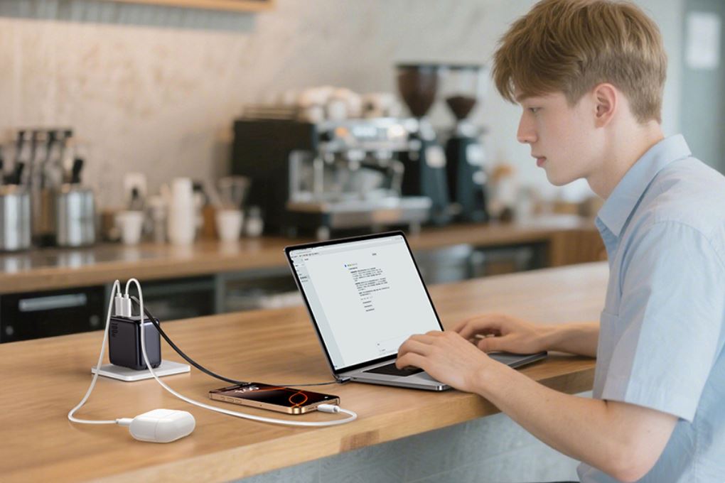 Sạc nhanh 3 cổng USB Type-C PD GaN6 Pro 100W Baseus EnerCore CJ11 E0120N kèm Cáp dây rút Type-C Màu Đen