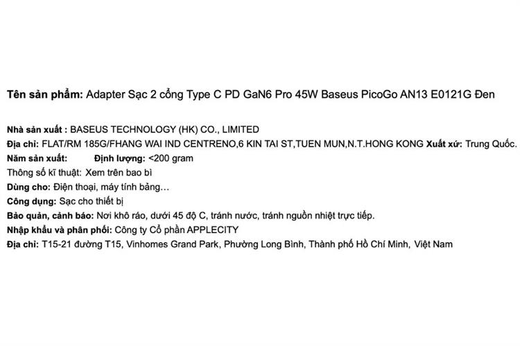 Sạc nhanh 2 cổng Type-C PD GaN6 Pro 45W Baseus PicoGo AN13 E0121G Màu Đen