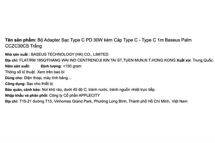 Sạc nhanh Type-C PD 30W Baseus Palm CCZC30CS kèm Cáp Type-C - Type-C Màu Trắng