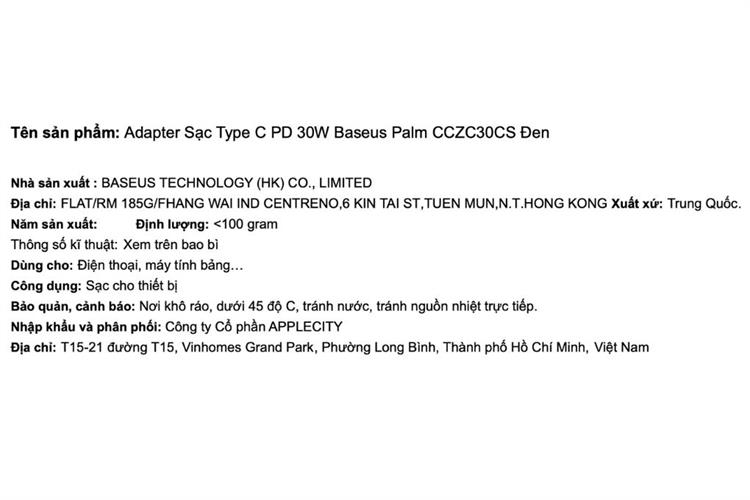Sạc nhanh Type-C PD 30W Baseus Palm CCZC30CS Màu Đen