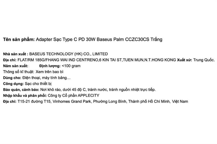 Sạc nhanh Type-C PD 30W Baseus Palm CCZC30CS Màu Trắng