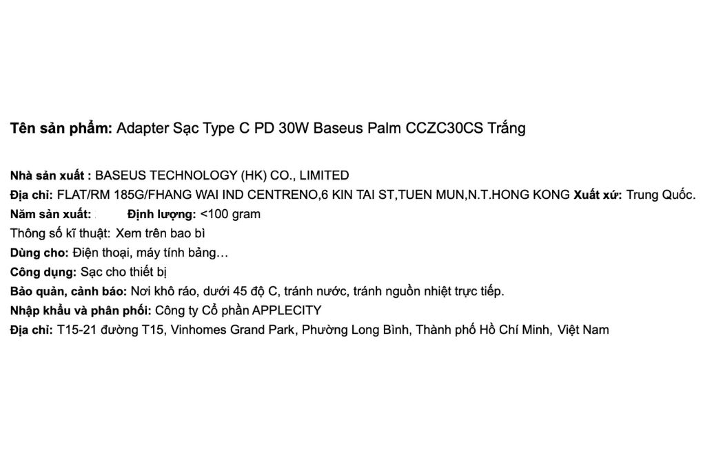 Sạc nhanh Type-C PD 30W Baseus Palm CCZC30CS Màu Trắng