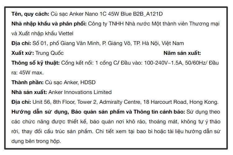 Sạc nhanh Type-C IQ3 45W Anker Nano A121D Màu Xanh da trời
