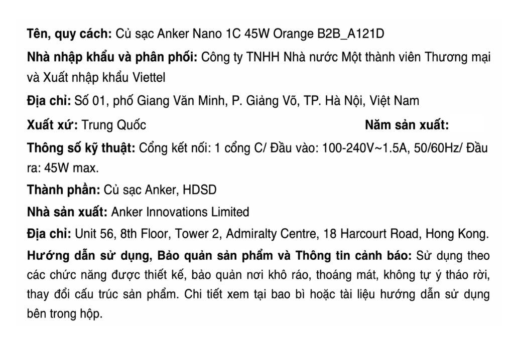 Sạc nhanh Type-C IQ3 45W Anker Nano A121D Màu Cam