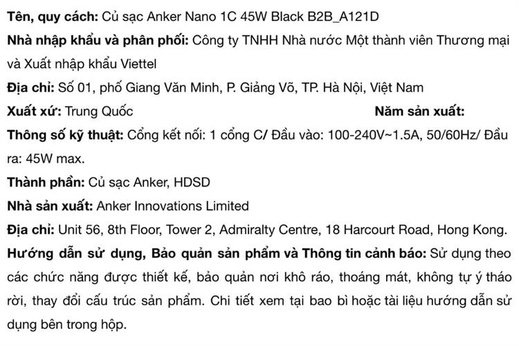 Sạc nhanh Type-C IQ3 45W Anker Nano A121D Màu Đen