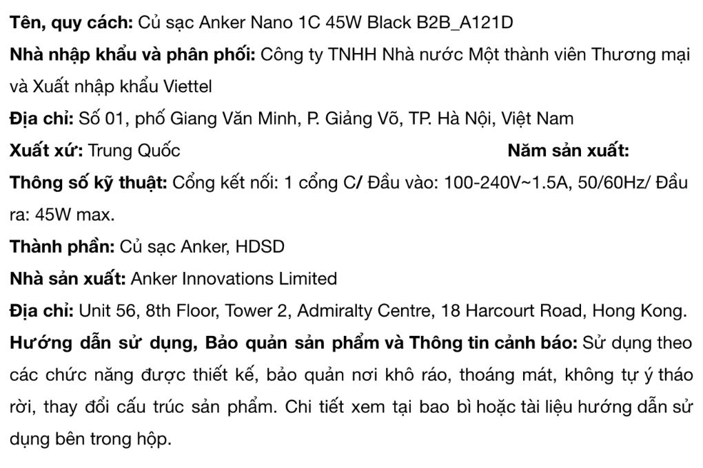 Sạc nhanh Type-C IQ3 45W Anker Nano A121D Màu Đen
