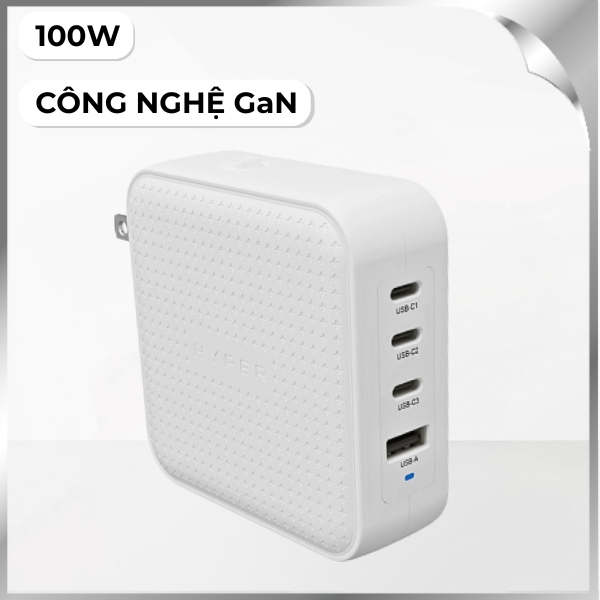 Sạc nhanh 4 cổng USB Type-C PD QC 3.0 GaN 100W HyperJuice HJ1002WHWWGL - Trắng