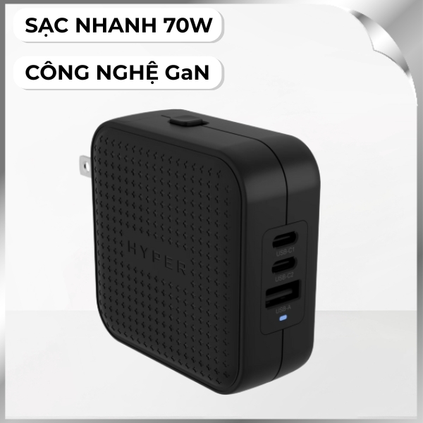 Sạc nhanh 3 cổng USB Type-C PD QC 3.0 GaN 70W HyperJuice HJ1003WHWWGL - Đen