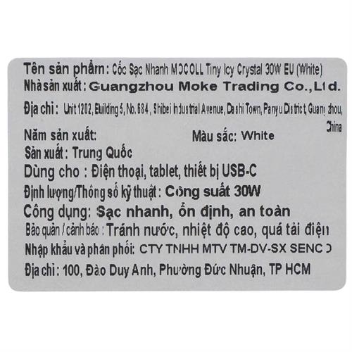 Sạc nhanh Type C PD 30W MOCOLL MOC6796 Màu Trắng