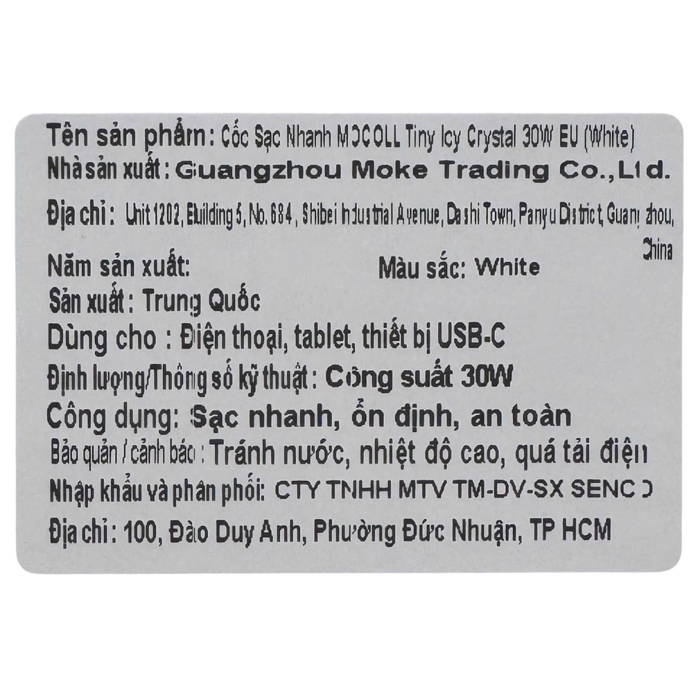 Sạc nhanh Type C PD 30W MOCOLL MOC6796 Màu Trắng