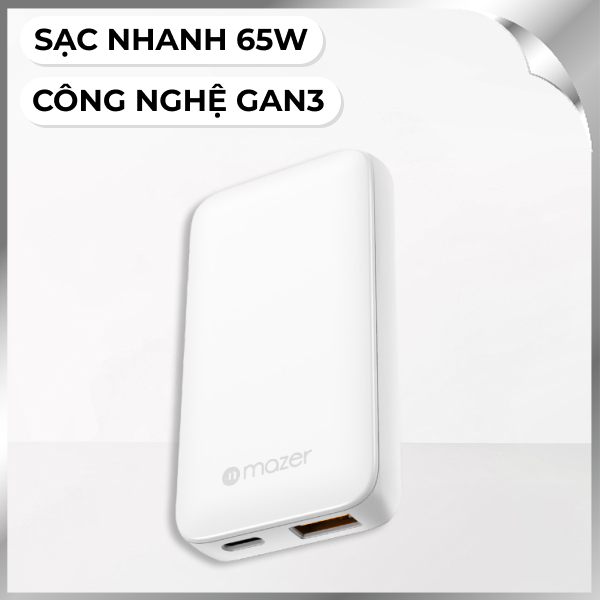 Sạc nhanh 2 cổng USB Type-C PD GaN 65W Mazer M-G65SLIM-WH