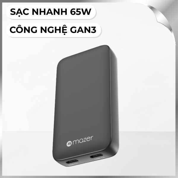 Sạc nhanh 2 cổng Type-C PD GaN 65W Mazer M-G65SLIM2C-BK