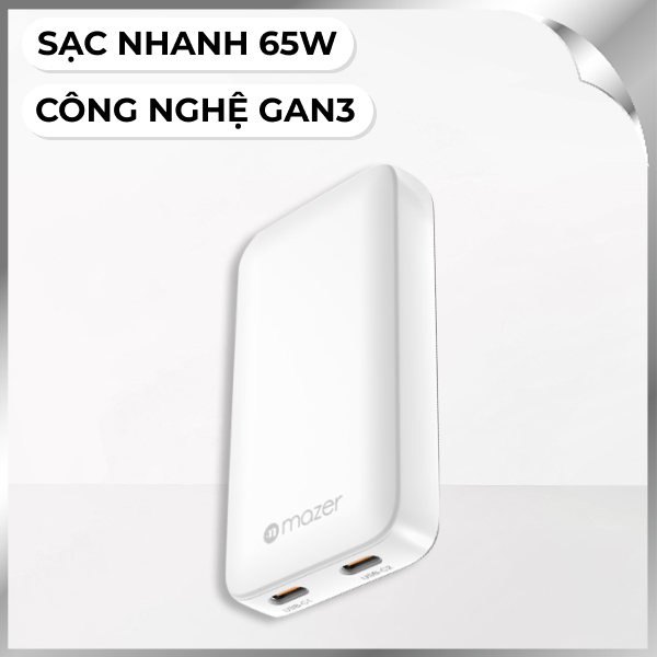Sạc nhanh 2 cổng Type-C PD GaN 65W Mazer M-G65SLIM2C-WH