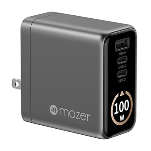 Sạc nhanh 3 cổng USB Type-C PD GaN 100W Mazer M-Ai-G100W-V7-BG Màu Đen - Xám