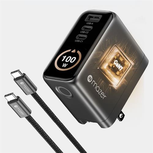 Sạc nhanh 3 cổng USB Type-C PD GaN 100W Mazer M-Ai-G100W-V7-BG Màu Đen - Xám
