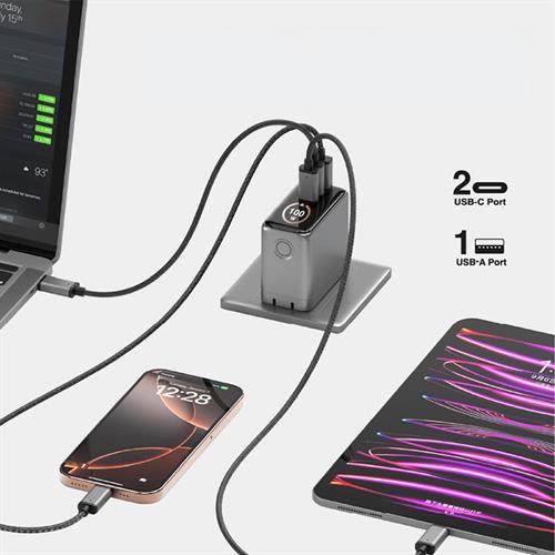 Sạc nhanh 3 cổng USB Type-C PD GaN 100W Mazer M-Ai-G100W-V7-BG Màu Đen - Xám