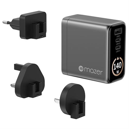 Sạc nhanh 3 cổng USB Type-C PD GaN 140W Mazer M-Ai-G140W-V7-BG Màu Đen - Xám