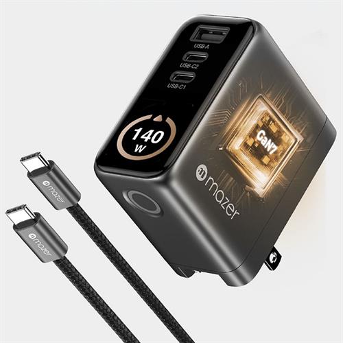 Sạc nhanh 3 cổng USB Type-C PD GaN 140W Mazer M-Ai-G140W-V7-BG Màu Đen - Xám