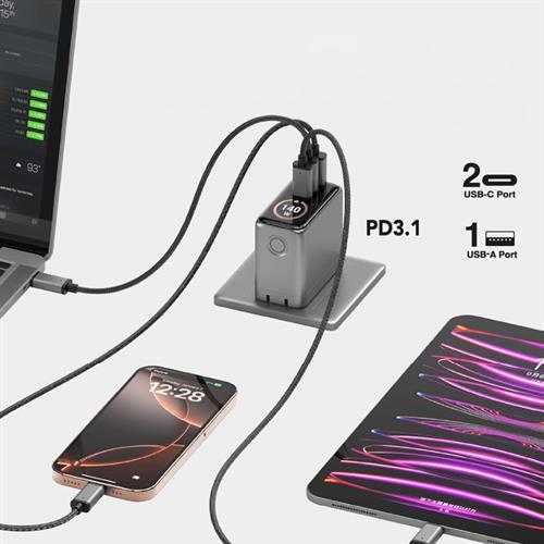 Sạc nhanh 3 cổng USB Type-C PD GaN 140W Mazer M-Ai-G140W-V7-BG Màu Đen - Xám