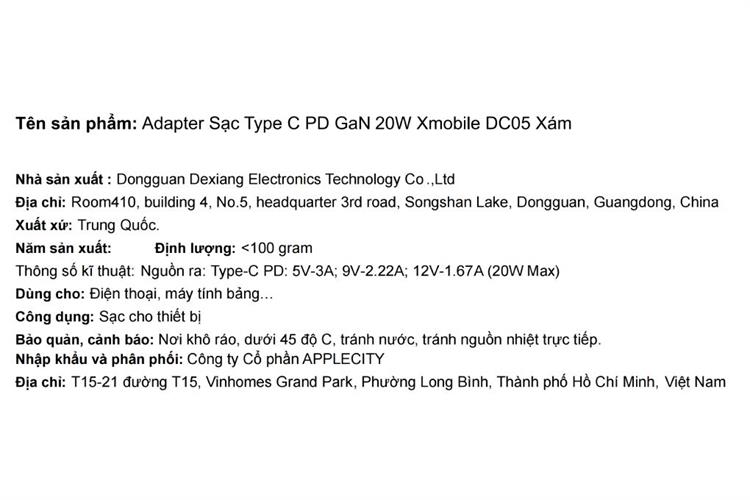 Sạc nhanh Type-C PD GaN 20W Xmobile DC05 Màu Xám đậm