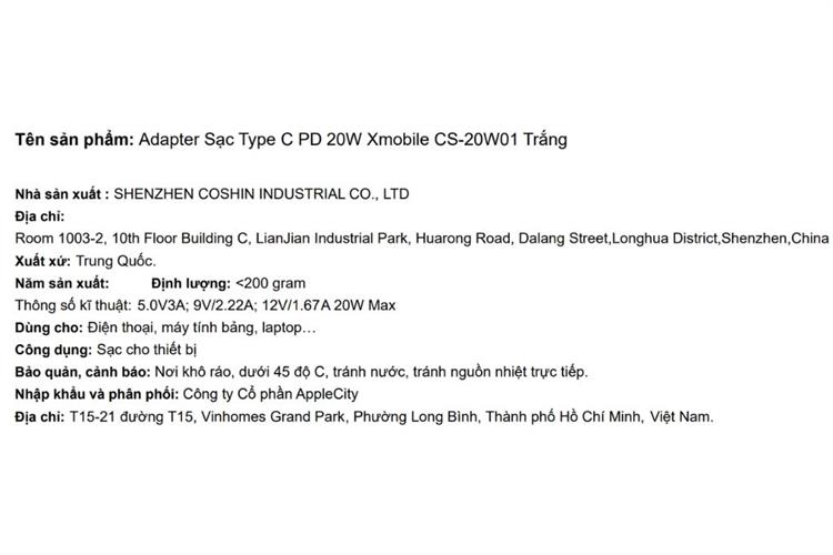 Sạc nhanh Type C PD 20W Xmobile CS-20W01 Màu Trắng