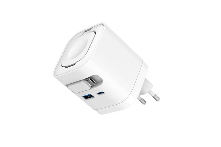 Sạc nhanh 4 cổng USB Type C PD GaN 65W Xmobile CS-65W-AW kèm cáp dây rút Type C và sạc Apple Watch Màu Trắng