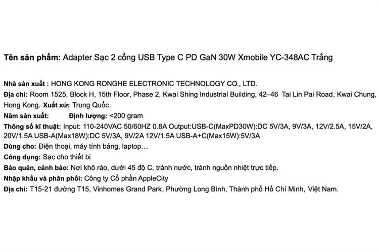Sạc nhanh 2 cổng USB Type C PD GaN 30W Xmobile YC-348AC Màu Trắng