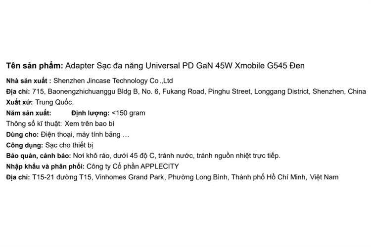 Sạc nhanh đa năng Universal PD GaN 45W Xmobile G545 Màu Đen
