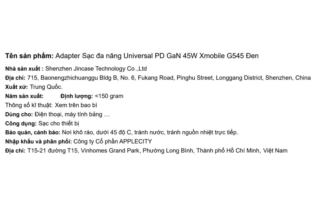 Sạc nhanh đa năng Universal PD GaN 45W Xmobile G545 Màu Đen