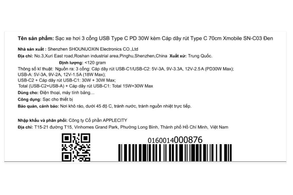 Sạc xe hơi 3 cổng USB Type C PD 30W kèm Cáp dây rút Type C 70cm Xmobile SN-C03 Màu Đen