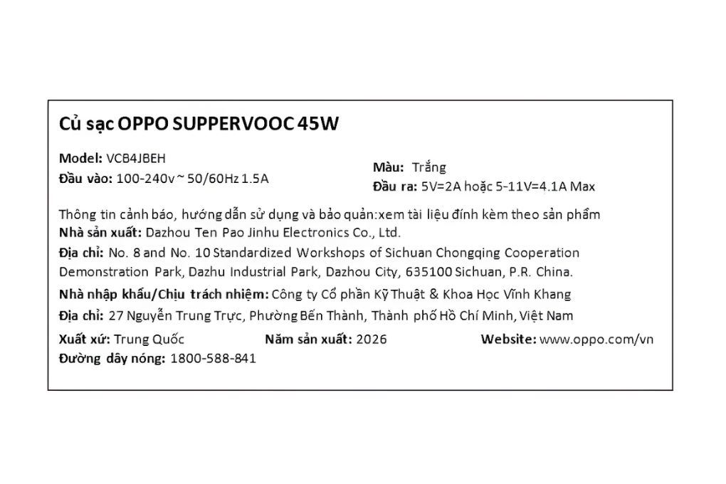 Sạc nhanh USB 45W OPPO SuperVOOC VCB4JBEH Trắng Màu Trắng