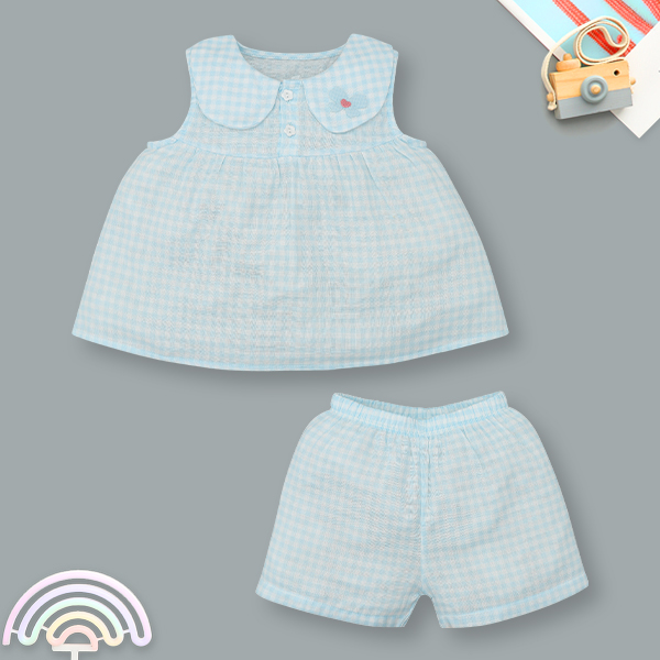 Bộ bé gái Lullaby cotton xanh dương - trắng