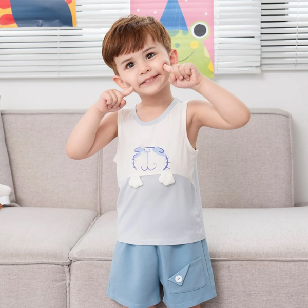 Bộ bé trai La Pomme bamboo xanh dương - trắng