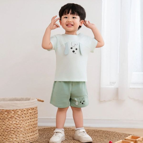 Bộ bé trai La Pomme sợi tre xanh lá