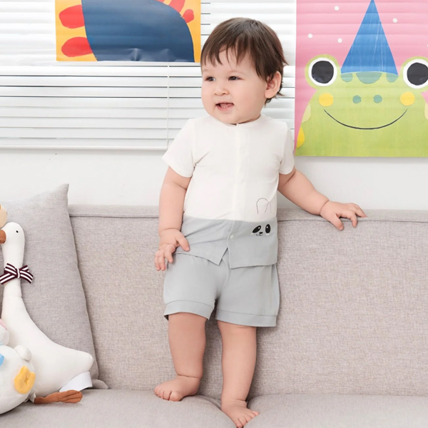 Bộ tay ngắn unisex La Pomme sợi tre ghi - trắng