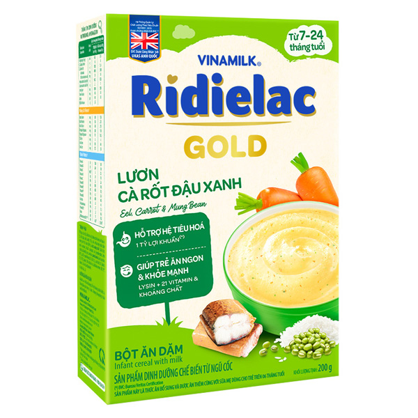 Bột ăn dặm Vinamilk Ridielac Gold lươn, cà rốt và đậu xanh hộp 200g (7 - 24 tháng)