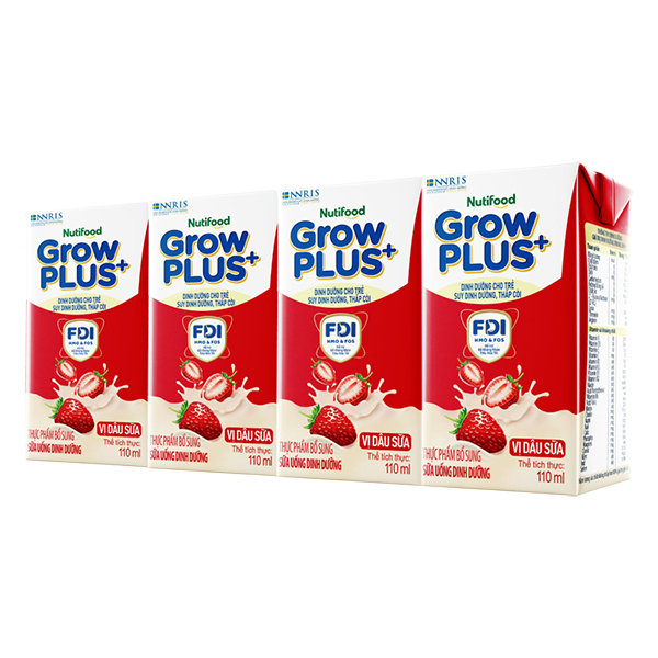 Lốc 4 hộp sữa pha sẵn Nutifood GrowPLUS+ đỏ cho trẻ suy dinh dưỡng, thấp còi