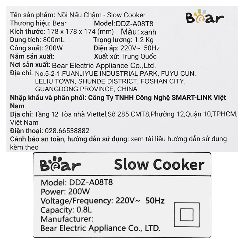 Nồi nấu chậm Bear 0.8 lít DDZ-A08T8 - Màu trắng 31