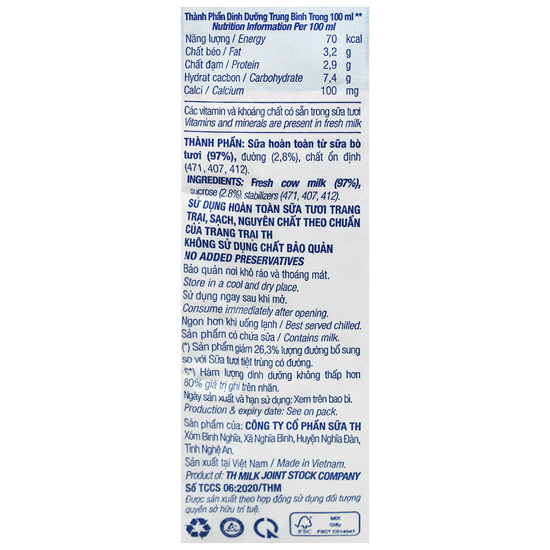 Sữa tươi tiệt trùng TH true MILK ít đường 220 ml (từ 1 tuổi) 14