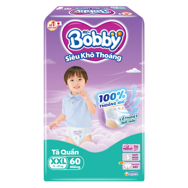 Tã quần Bobby size XXL 60 miếng (15 - 25 kg) - Giao bao bì ngẫu nhiên