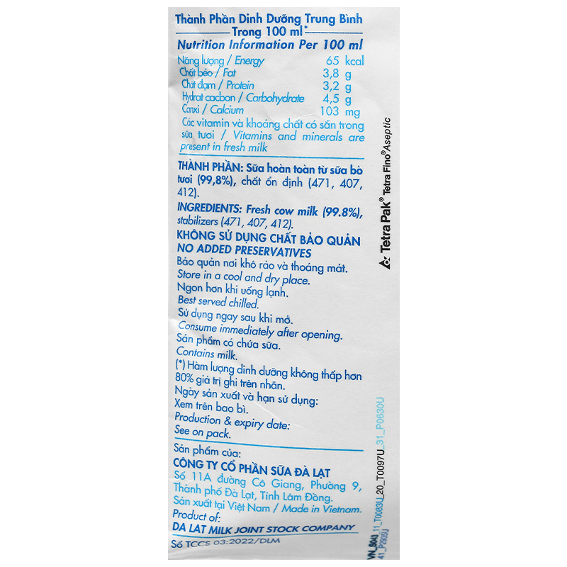 Sữa tươi tiệt trùng Dalat Milk không đường 220 ml (từ 1 tuổi) 14