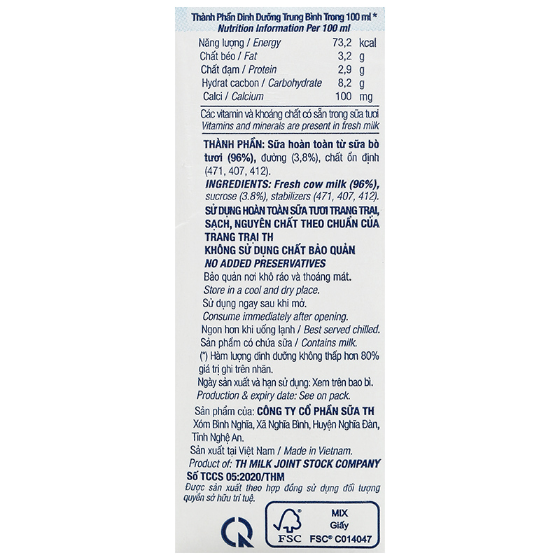 Lốc 4 hộp sữa tươi tiệt trùng TH true MILK có đường 110 ml (từ 1 tuổi) 24