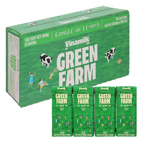 Thùng 48 hộp sữa tươi Vinamilk Green Farm có đường