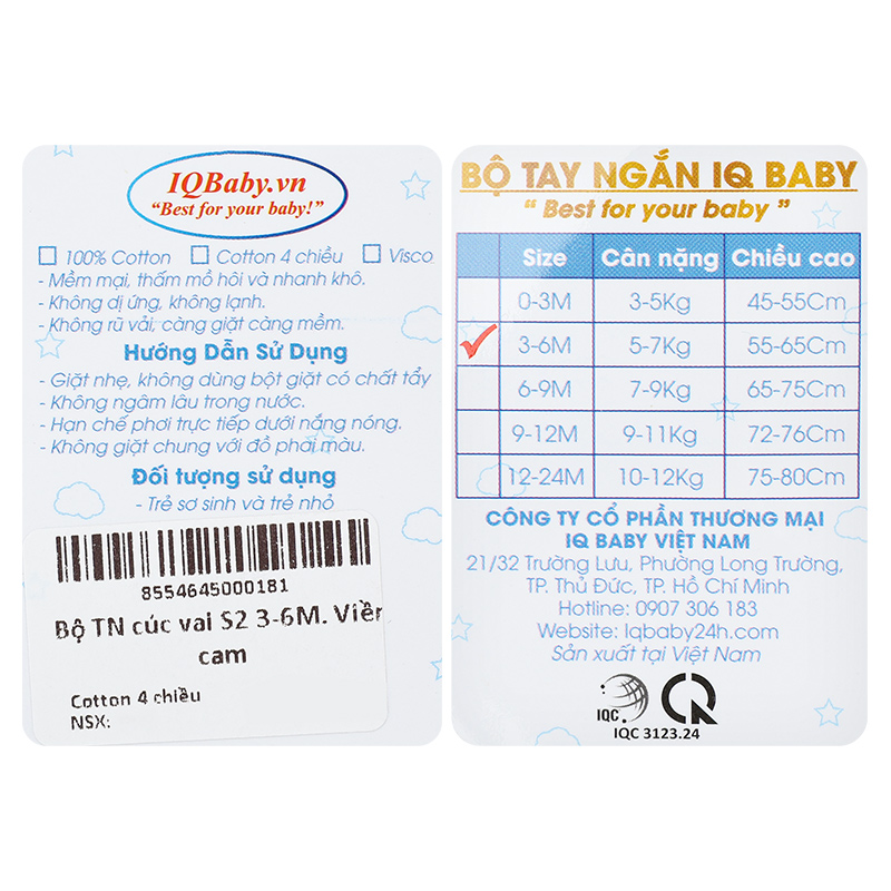 Bộ tay ngắn cổ thuyền IQ Baby màu trắng viền cam 11