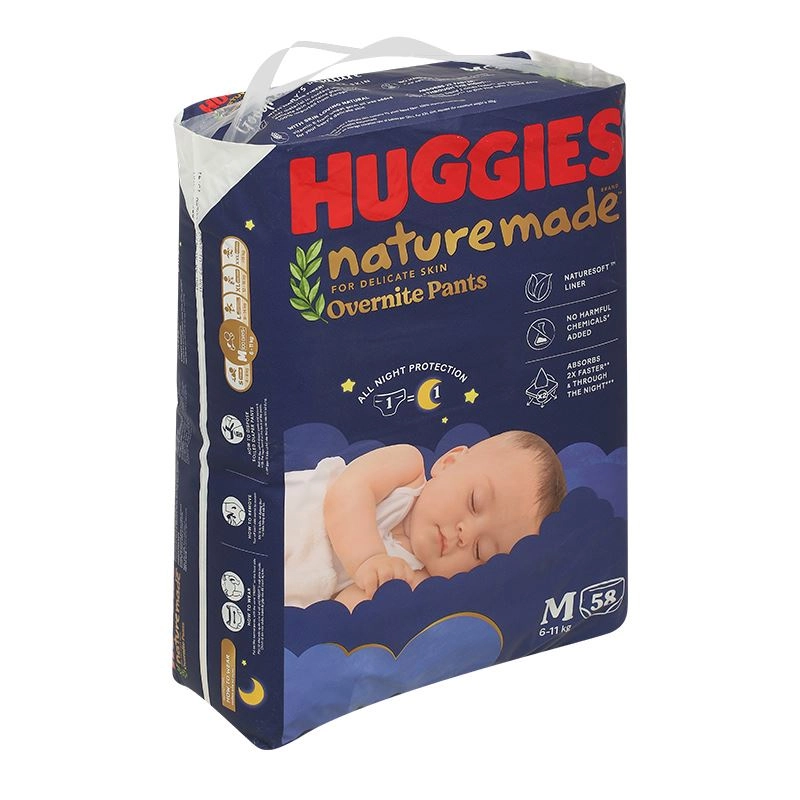 Combo 2 tã quần Huggies Nature made Overnite size M 58 miếng/bịch (6 - 11kg) 18